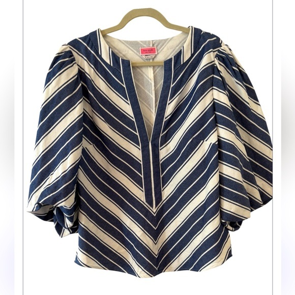 Kate Spade Striped Double Cloth Chevron Top Puff Sleeve Sailboat Blue Women's XL - Picture 1 of 11